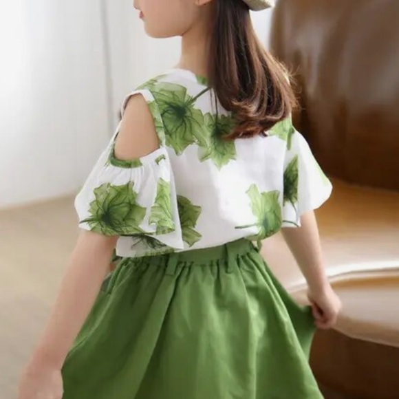 Girls White Green Leaves Print Opened Shoulder Short Sleeves Top T- Shirt 4 - Picture 3 of 7